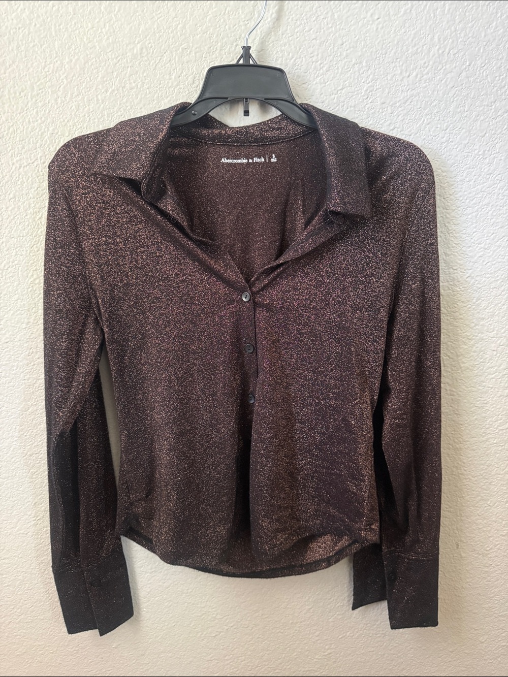 Abercrombie & Fitch Shimmer Long-Sleeve Brown Button Front Top